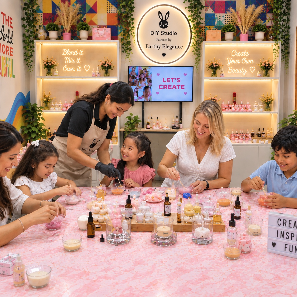 Children and adults making DIY creations together at the Black Bunny workshop table