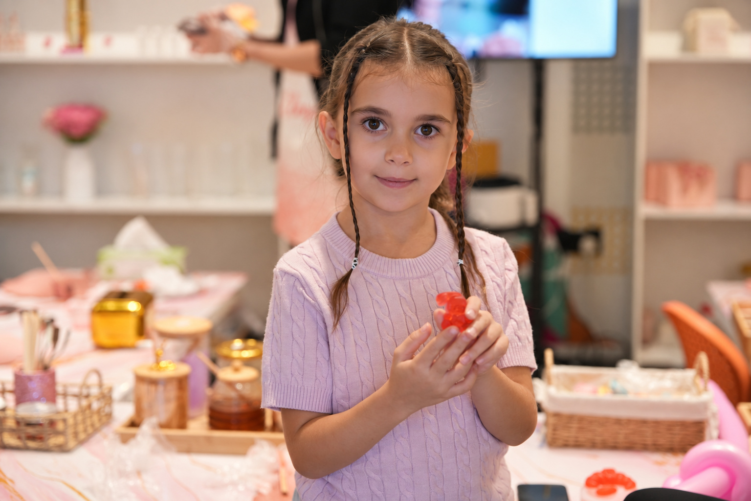A child holding her handmade red soap at the Black Bunny DIY Studio