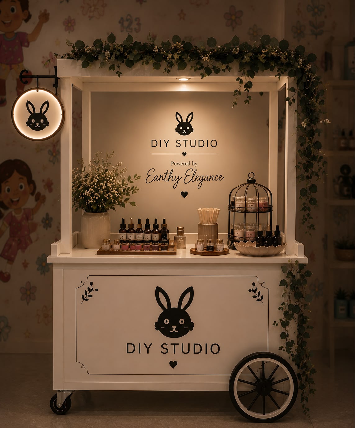 The Black Bunny DIY Studio cart with Earthy Elegance products, greenery and illuminated bunny signage