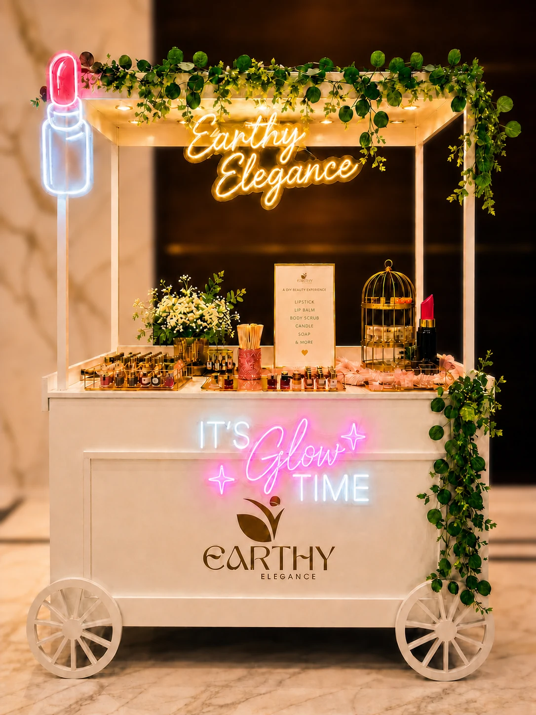 Earthy Elegance's DIY Live Station: a lipstick-mixing bar and branded product display at a Dubai mall
