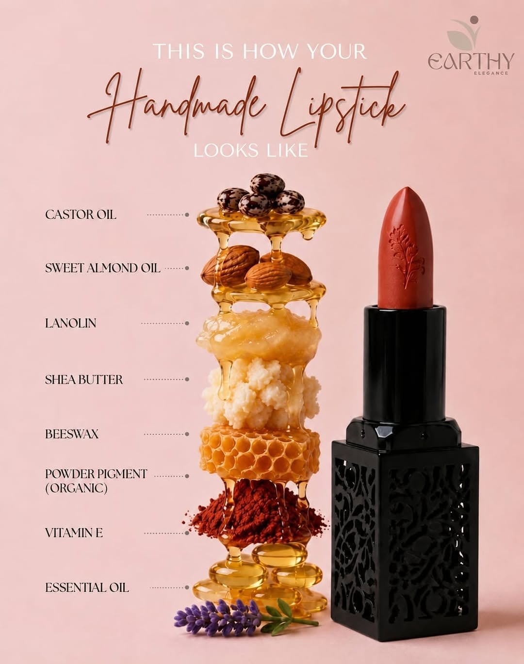 Handmade organic lipsticks in gold cases