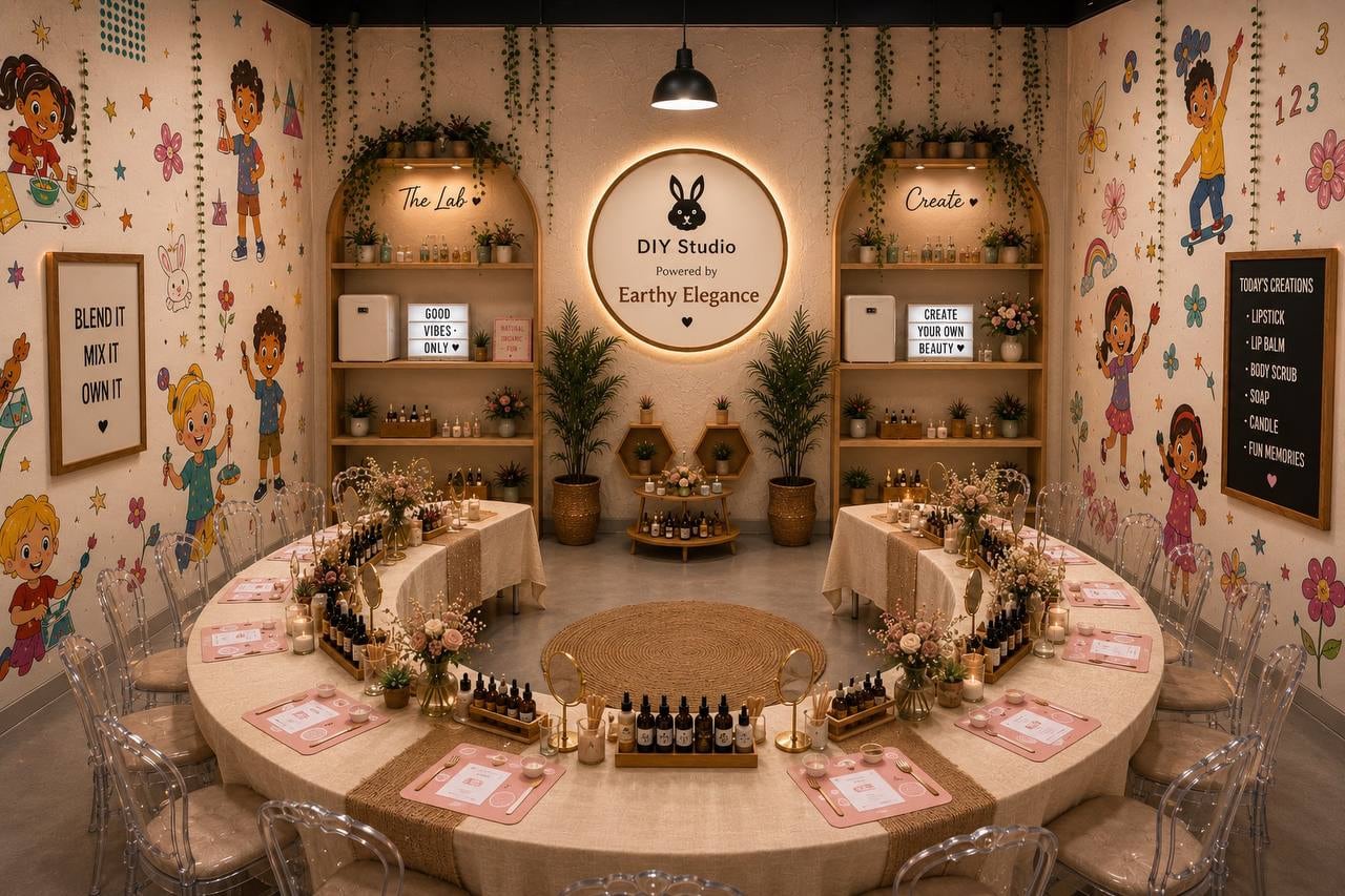 Earthy Elegance DIY Studio at Black Bunny, Dubai: a round DIY beauty table under a 'DIY Studio powered by Earthy Elegance' sign